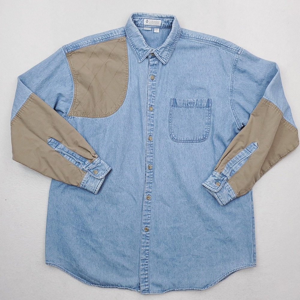 Columbia Shirt Mens Large Blue Denim Quilted Shooting Patch Hunting Outdoor